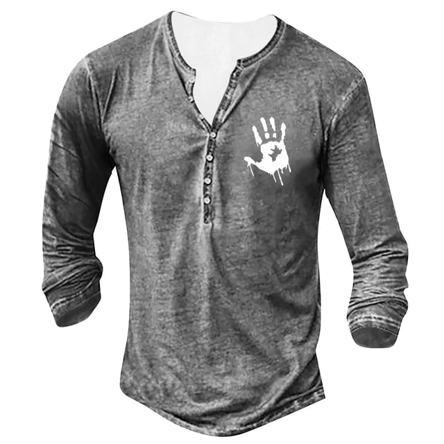 TSADFHJI Mens Tank Tops Beach Winter Mens Summer Fashion Retro Old Basic Button Placket Small Print Long Sleeve Shirt Long Sleeve Shirt T Shirt M Grey