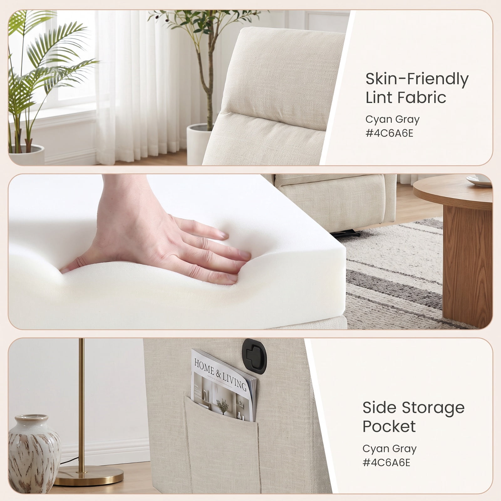 Furnibear Swivel Rocking Chair with 360 Degree Base Reclining Backrest and Extending Footrest for Nursery and Living Room, Beige