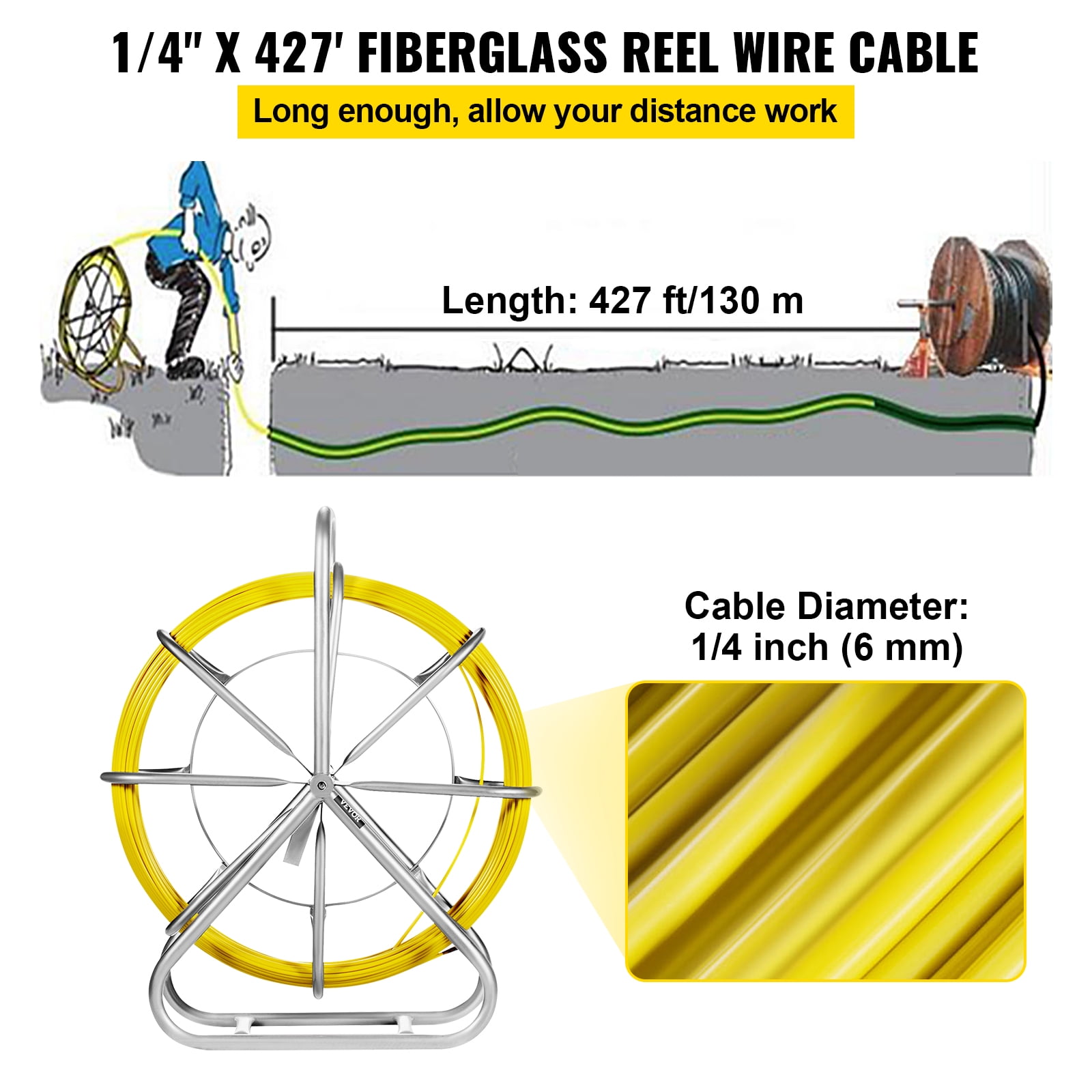 VEVOR Fish Tape Fiberglass 6MM 425ft, Duct Rodder Fish Tape Puller  Fiberglass Wire Cable Running with Cage and Wheel Stand,Durable Steel Reel  Stand,Fish Tape Min Bending Radius 12 inch/300 mm 