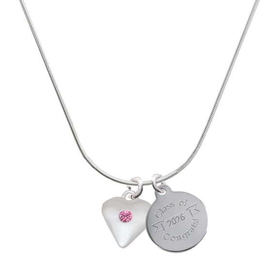 Delight Jewelry Silver-tone Large October - Hot Pink Crystal Heart - Engraved Congrats Class of 2026 Charm Necklace, 18"