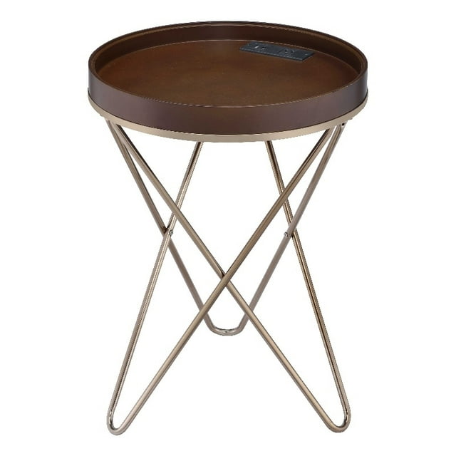 ACME Crary Round End Table with USB Port in Walnut Wood and Champagne Metal
