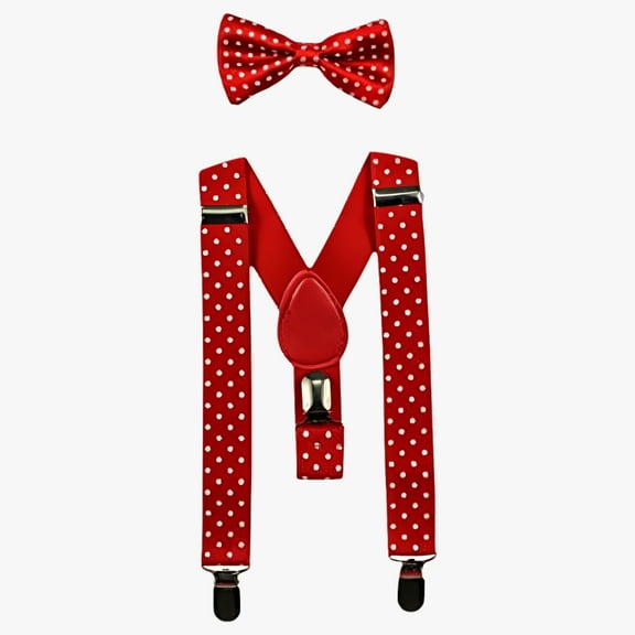 Red White Polkadot Baby Suspenders and Bow Tie Set (Elastic Adjustable-Fits Baby to Toddler)