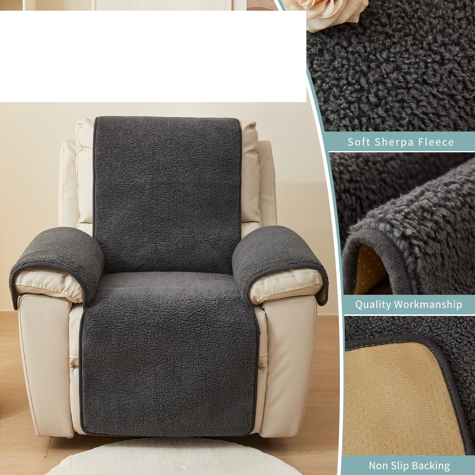 Recliner Chair Covers Fleece Soft Warm Sofa Slipcover Furniture Protector Non-Slip Washable Reclining Chair Cover for Kids, Pets
