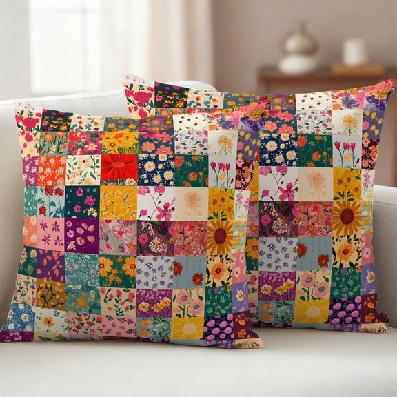 Pack of 2 Outdoor Pillow Covers 16x16 Inch Waterproof Spring Floral Throw Pillow Covers,Decorative Couch Pillow Case Sham Vintage Plaid Summer Botanical Colorful Patio Pillowcases Cushion Cover