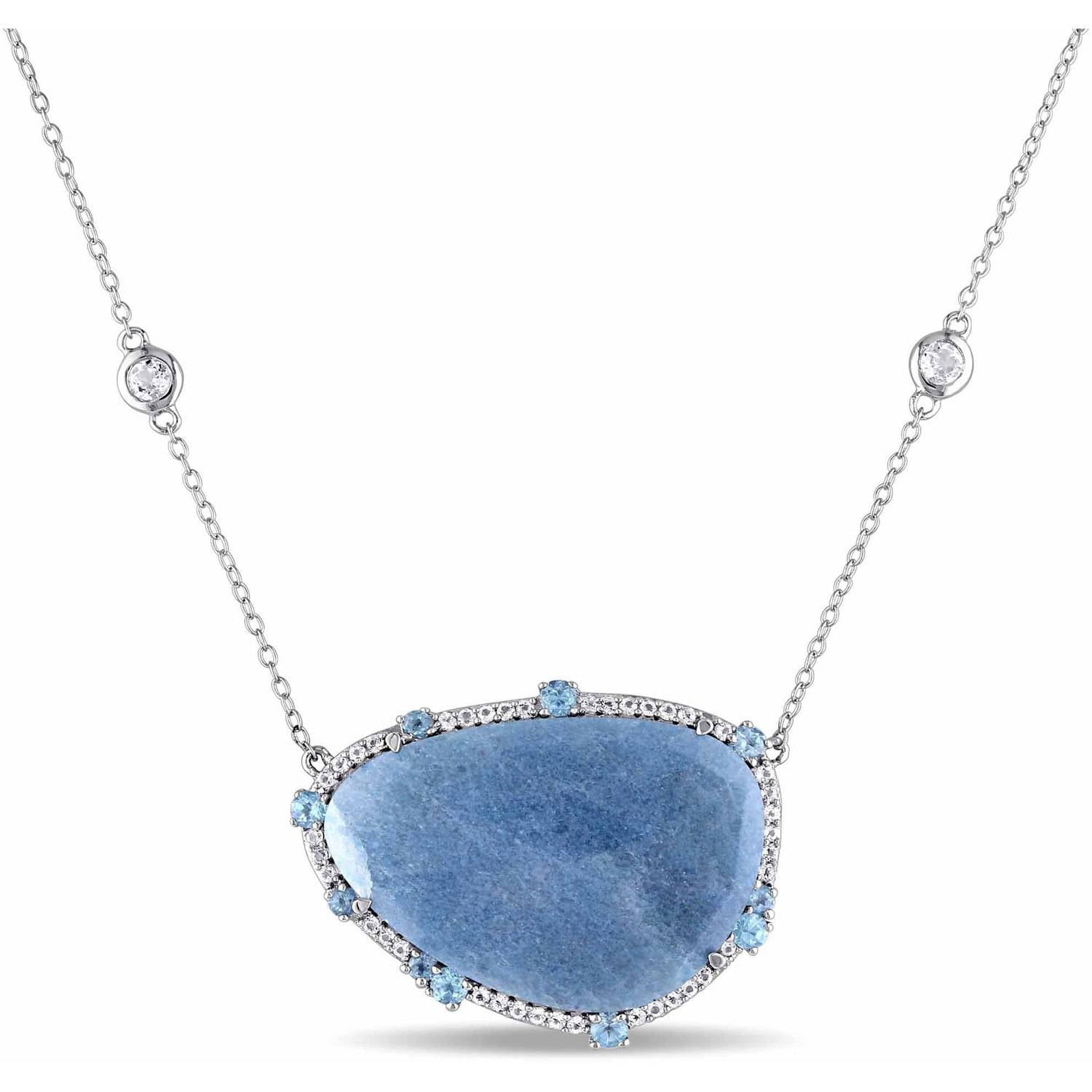 Tangelo 18-3 4 Carat T.G.W. Blue Quartz and White Topaz with Blue Topaz Sterling Silver Link Necklace, 19" by