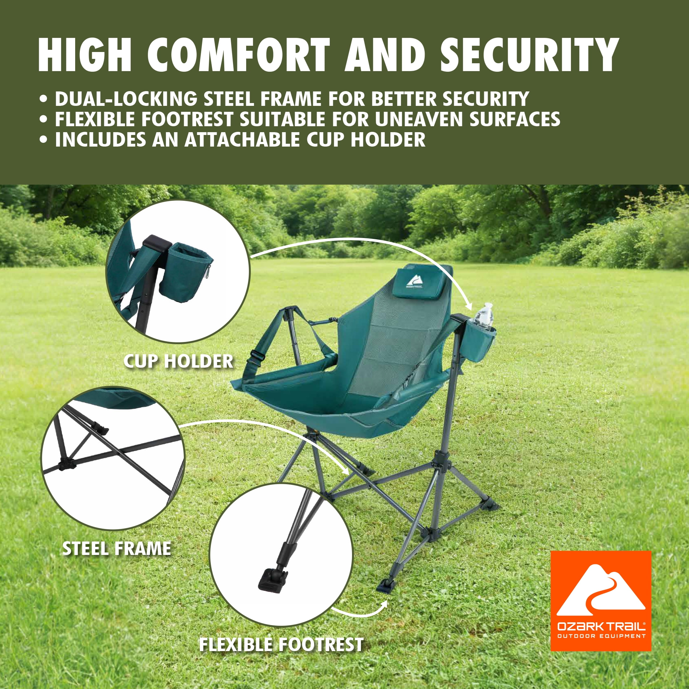 Ozark Trail Swing Hammock Chair, Green, Portable