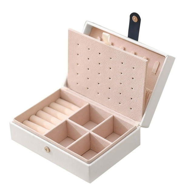 Estuche portátil para joyas: organizador elegante para aretes, anillos y más, disponible en blanco, rosa y azul marino, hecho en cuero PU. Ideal para regalo.