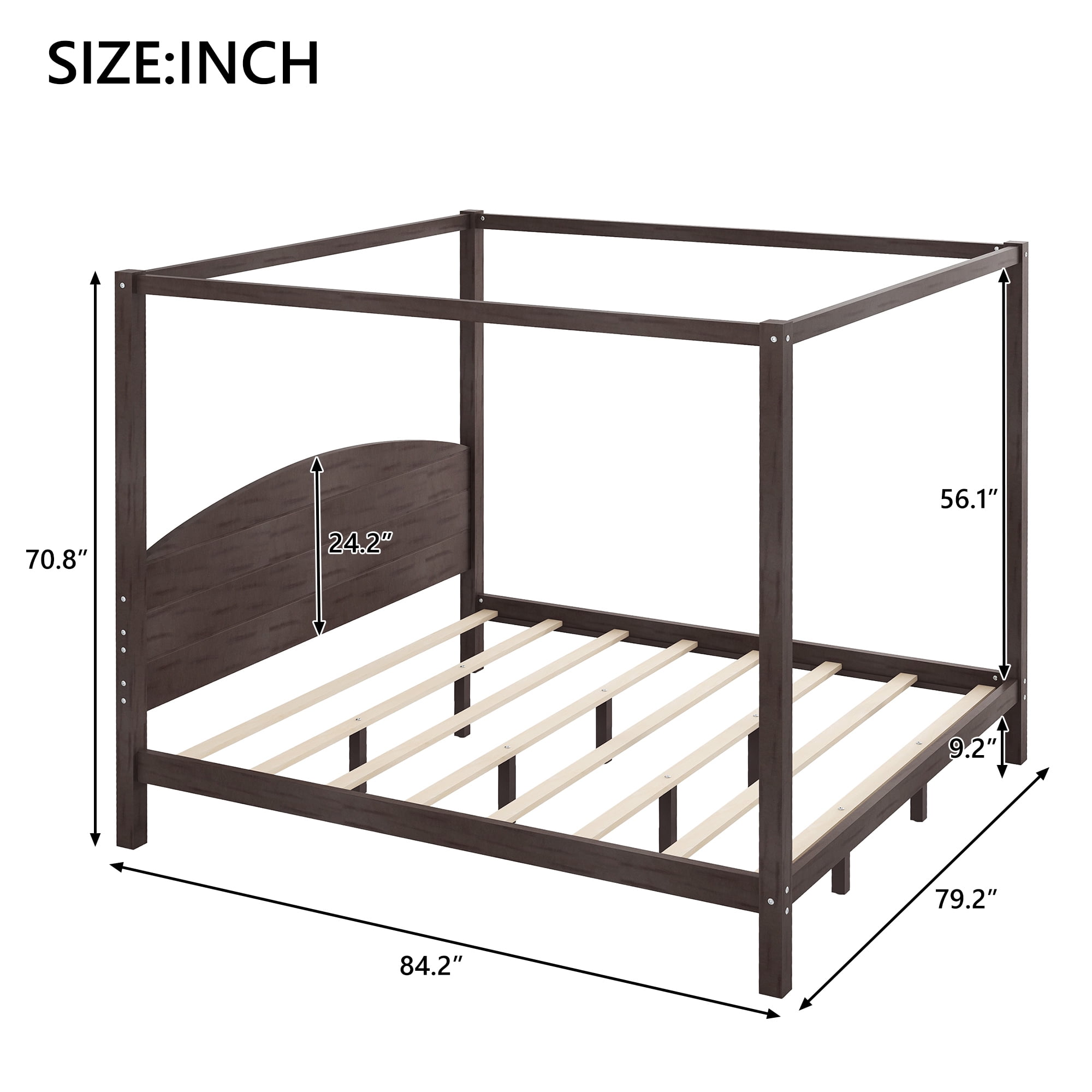 EUROCO Wood King Size Canopy Bed Frame, Solid Wood Platform Bed Legs for Kids Teens Adults, Brown