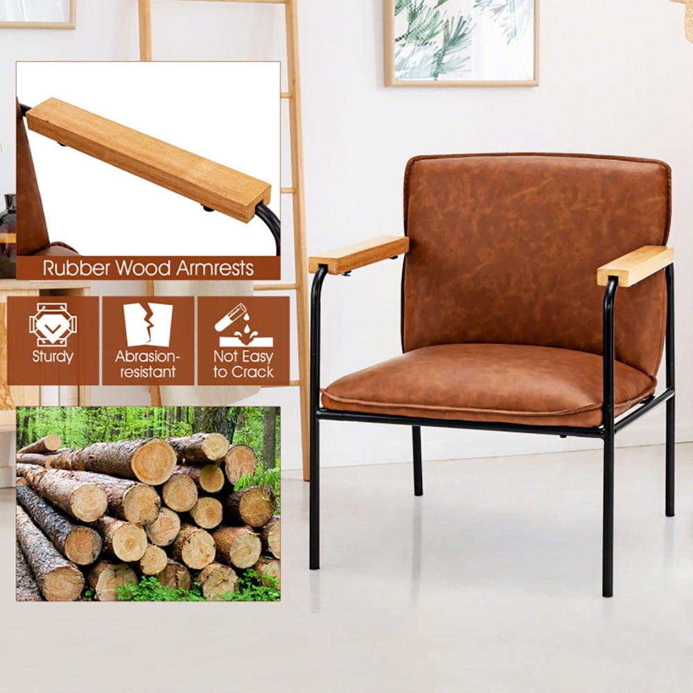 Finihen Upholstered Accent Armchair, PU Leather Accent Chair with Rubber Wood Armrests, for Living Room, Bedroom, Brown