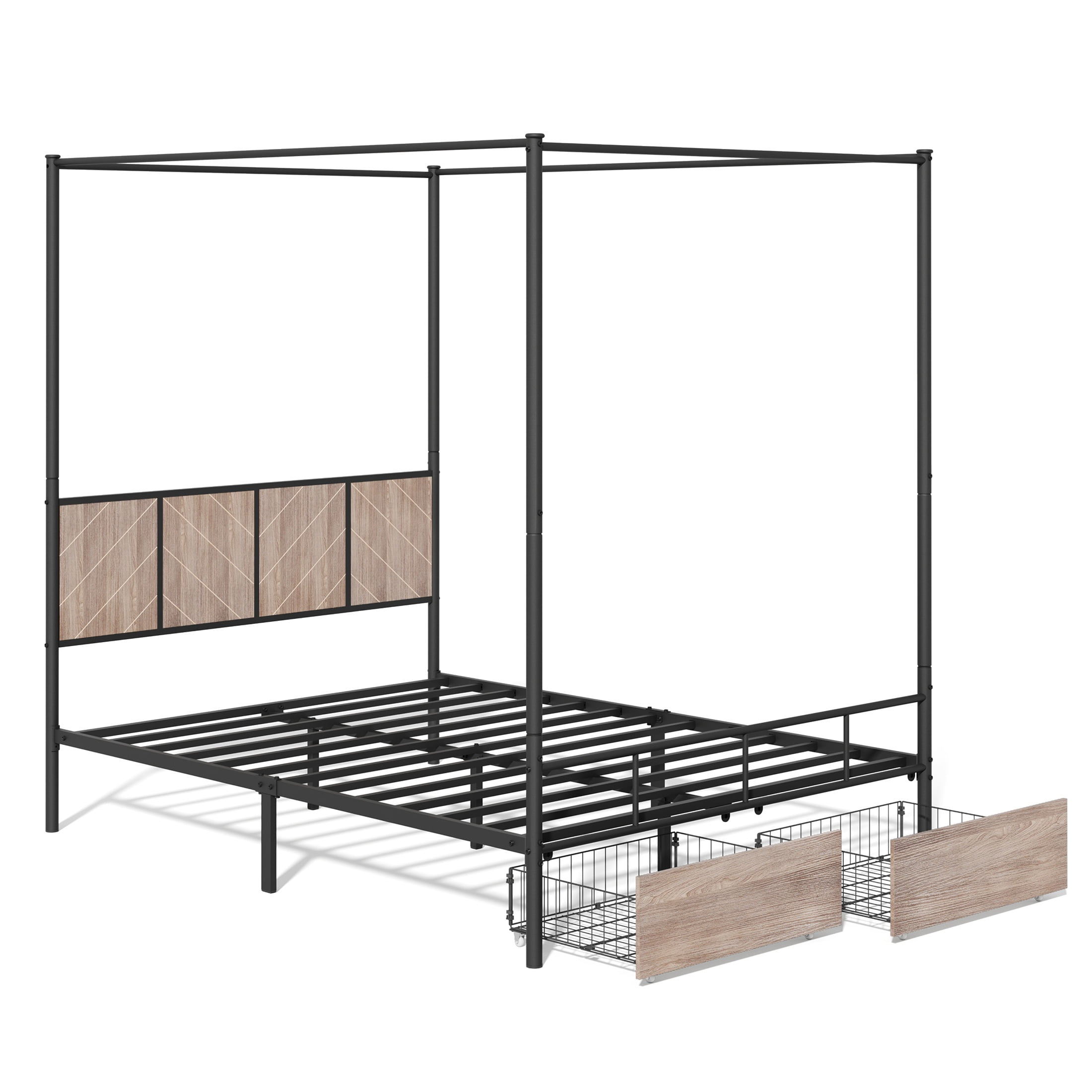 HSUNNS Queen Bed Frame, Queen Size Canopy Bed Frame with 2 Storage Drawers, Wooden Headboard and Footboard, Metal Platform Bed with Under-Bed Storage, No Box Spring Needed, Black+Brown