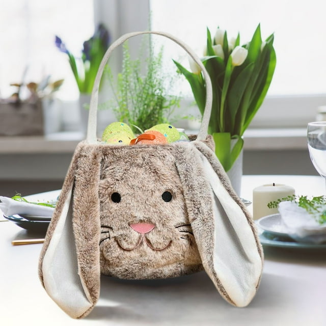 Fridja Easter Bunny Gifts Basket for Toddlers, Cute Soft Portable Lightweight Easter Bucket Bags with Rabbit Ears for Easter Eggs Hunting, Easter Decorations, Candy Gifts Storage (Brown)