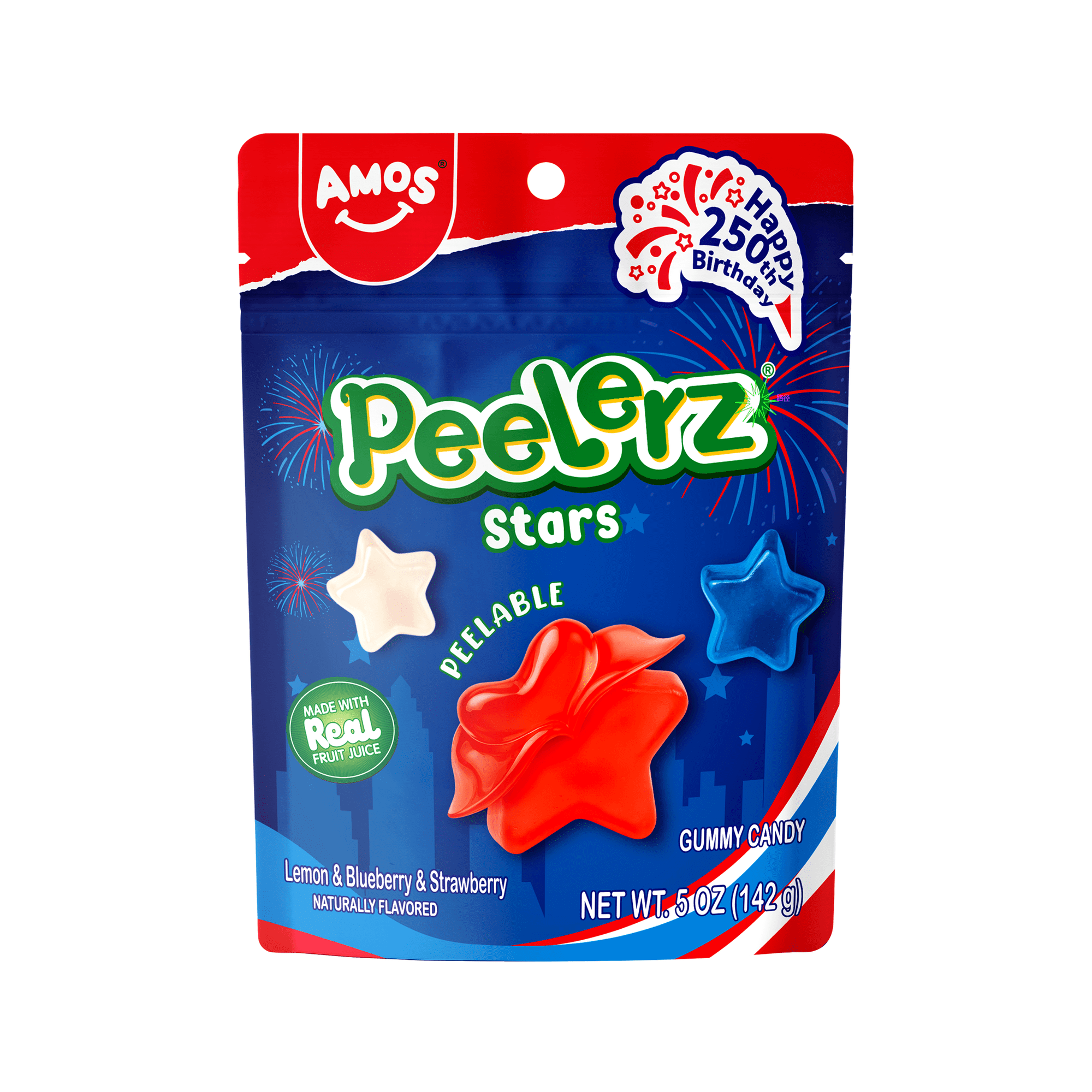 AMOS Peelerz Stars Red, White, and Blue, Peelable Gummy Candy, Gluten Free, 1 Count, 5 oz