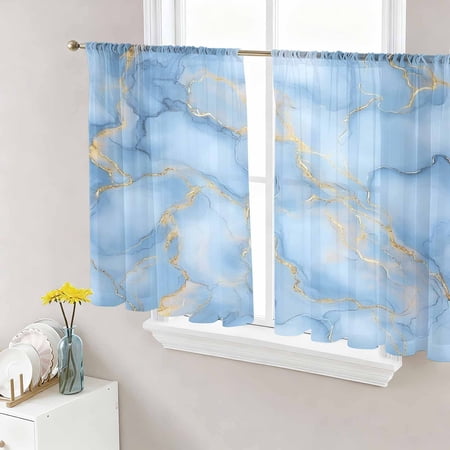 Light Blue Marble Semi Sheer Curtains 54 Inch Length 2 Panels Set Ink Painting Art Luxury Modern Sheer Kitchen Curtain Privacy Voile Window Curtain for Living Room Bedroom Rod Pocket Drapes