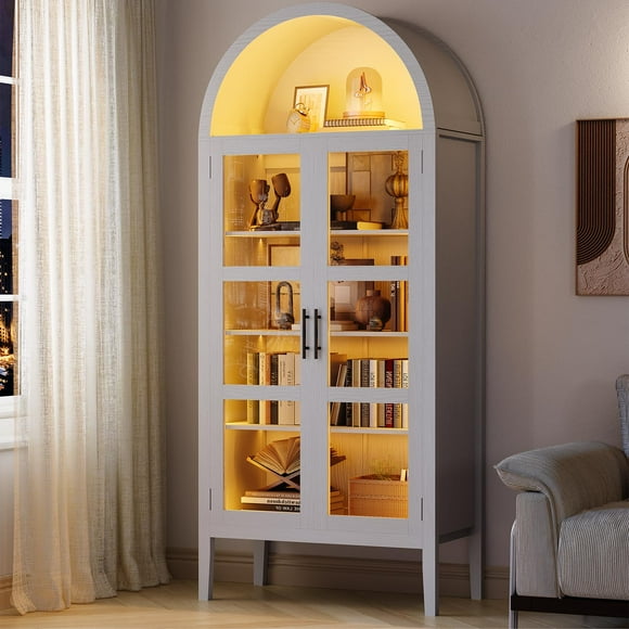 GloryStar 70" Arched Kitchen Pantry Cabinet with LED Lights – Modern Wood Display Hutch with Glass Doors, Adjustable Shelves, for Kitchen, Dining, Living Room