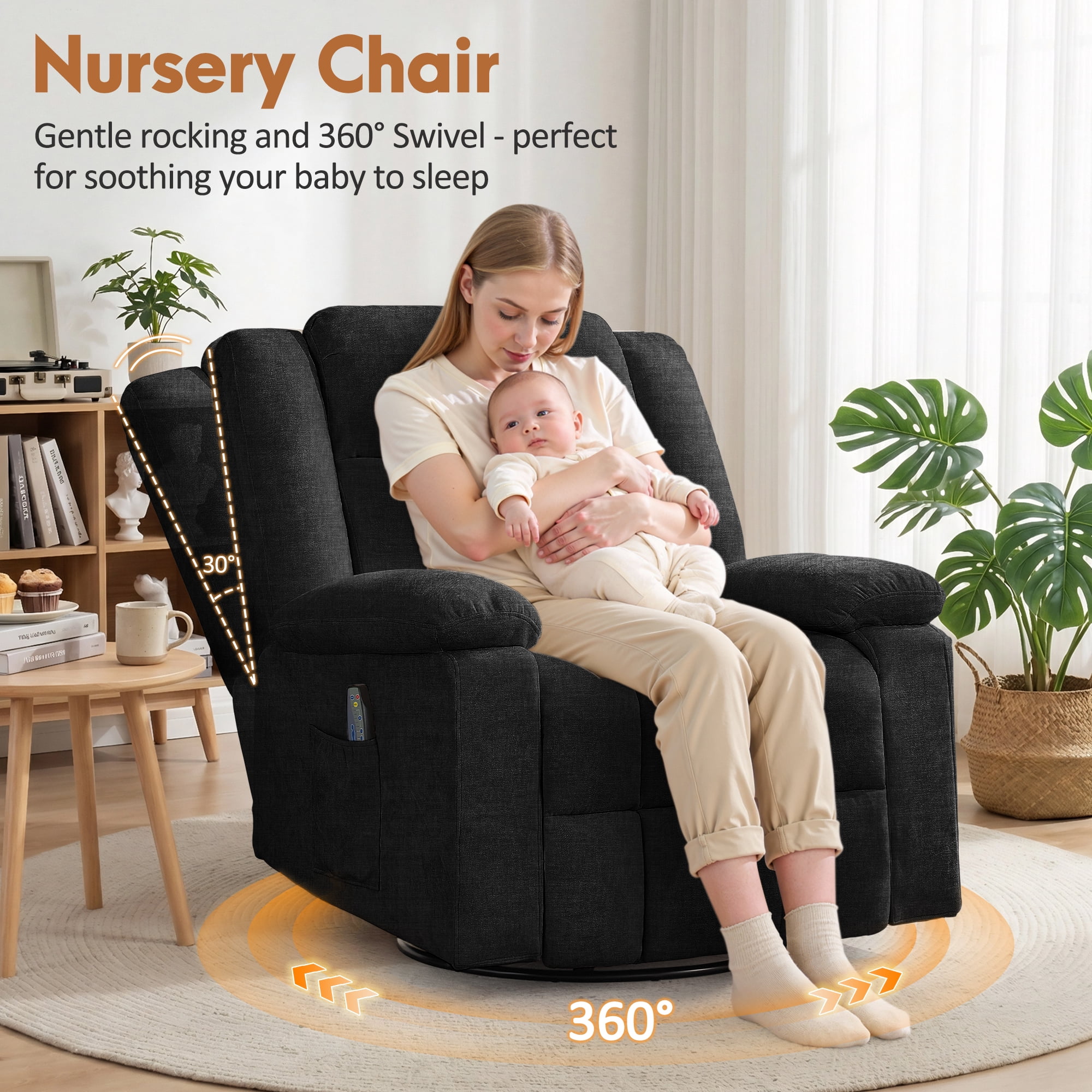 Korser 360°Swivel Rocker Recliner with Massage and Heating,Rocker Recliner Chair for Adults with Side Pockets Nursery Glider Recliner for Living Room,Chenille,Black