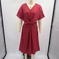 thumbnail image 5 of ClodeEU Women's V Neck Short Sleeve Twist Front Linen Blend Midi Dress,Casual A-Line Flare Sundress Red,Women's Plus L, 5 of 5