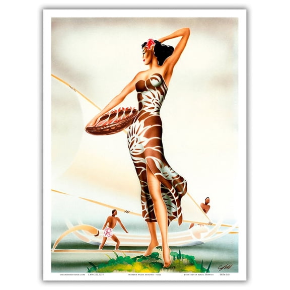 Hawaiian Woman in Sarong (Kīkepa) - Vintage Hawaiian Airbrush Art by Gill c.1940s - Master Art Print (Unframed) 9in x 12in