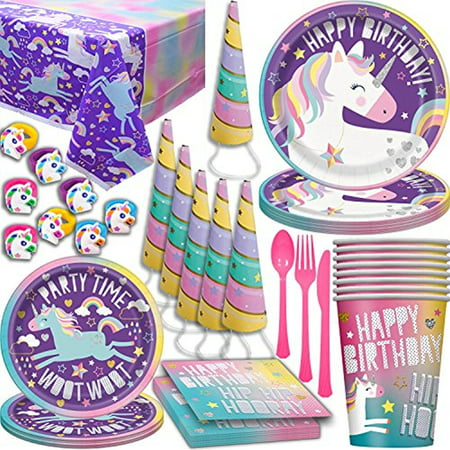 Unicorn Birthday Party Supplies for 16. Large and Small plates, Cups, napkins, Tablecloth, Cutlery, Rainbow Sparkle Horn Hat, Rubber Rings. Disposable Party Tableware, Decorations, and Favors Set