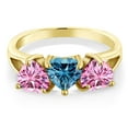thumbnail image 2 of Gem Stone King 18K Yellow Gold Plated Silver 3-Stone Ring Heart Shape Persian Blue Moissanite and Vivid Moissanite Pink (2.40 Cttw, Size 9), 2 of 3