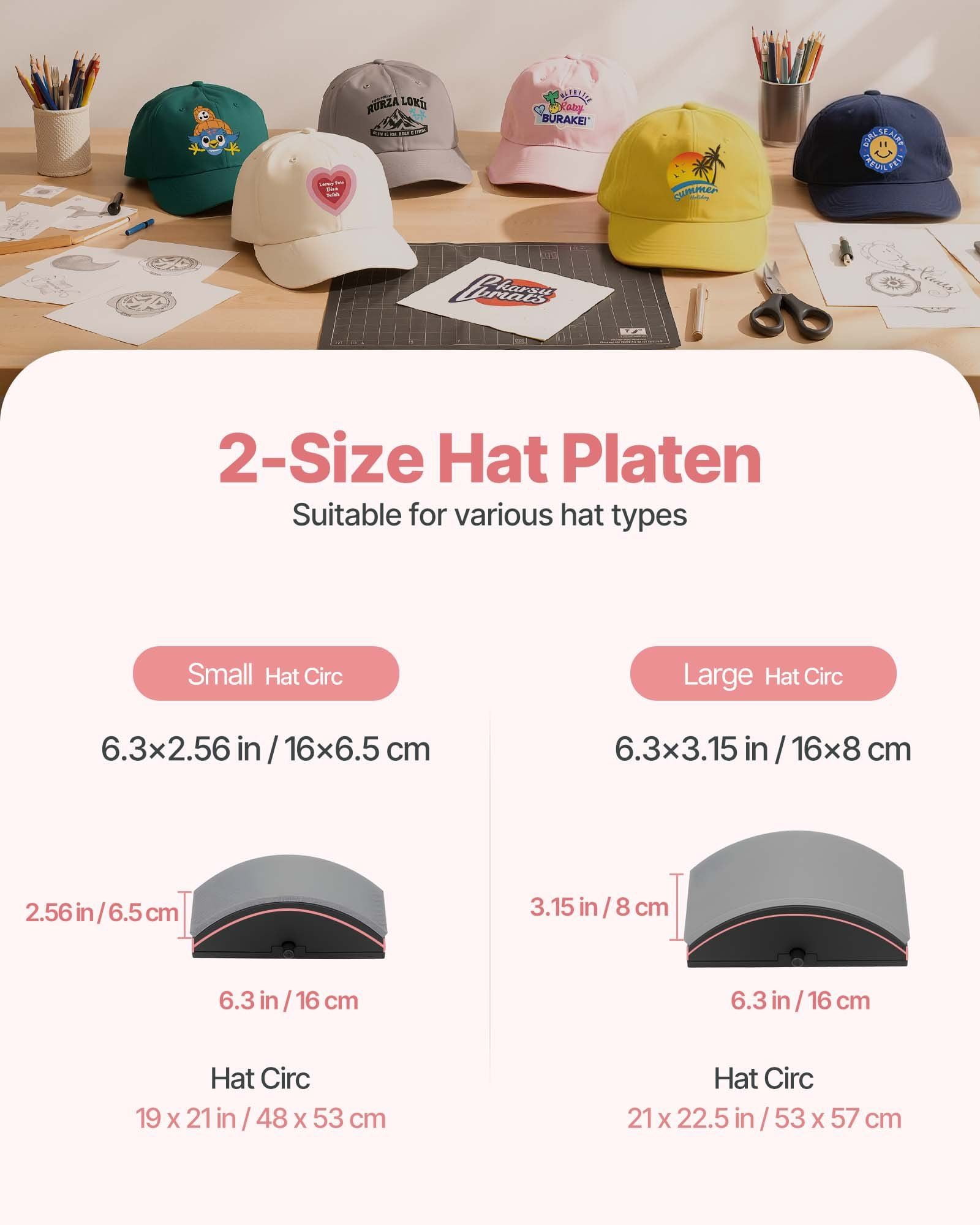 Hat Heat Press Machine for Caps, 2-in-1 Pink Heat Transfer Press with Dual Heating Platens, Digital LCD Time & Temperature Control, Adjustable Pressure, Fits Baseball Caps, Berets & Peaked Hats
