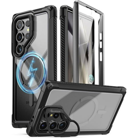 Poetic Guardian Case for Samsung Galaxy S24 Ultra 6.8", [Built-in Camera Stand] [Screen Protector Work with Fingerprint ID] Full Body Shockproof Protective Rugged Clear Cover, Black/Clear