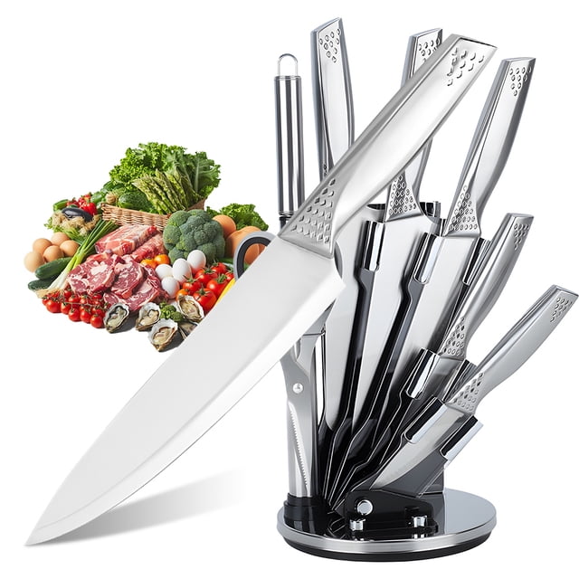 MDHAND 8-Piece Full Steel Integrated kitchen Knife Set with Block, Dishwasher Safe