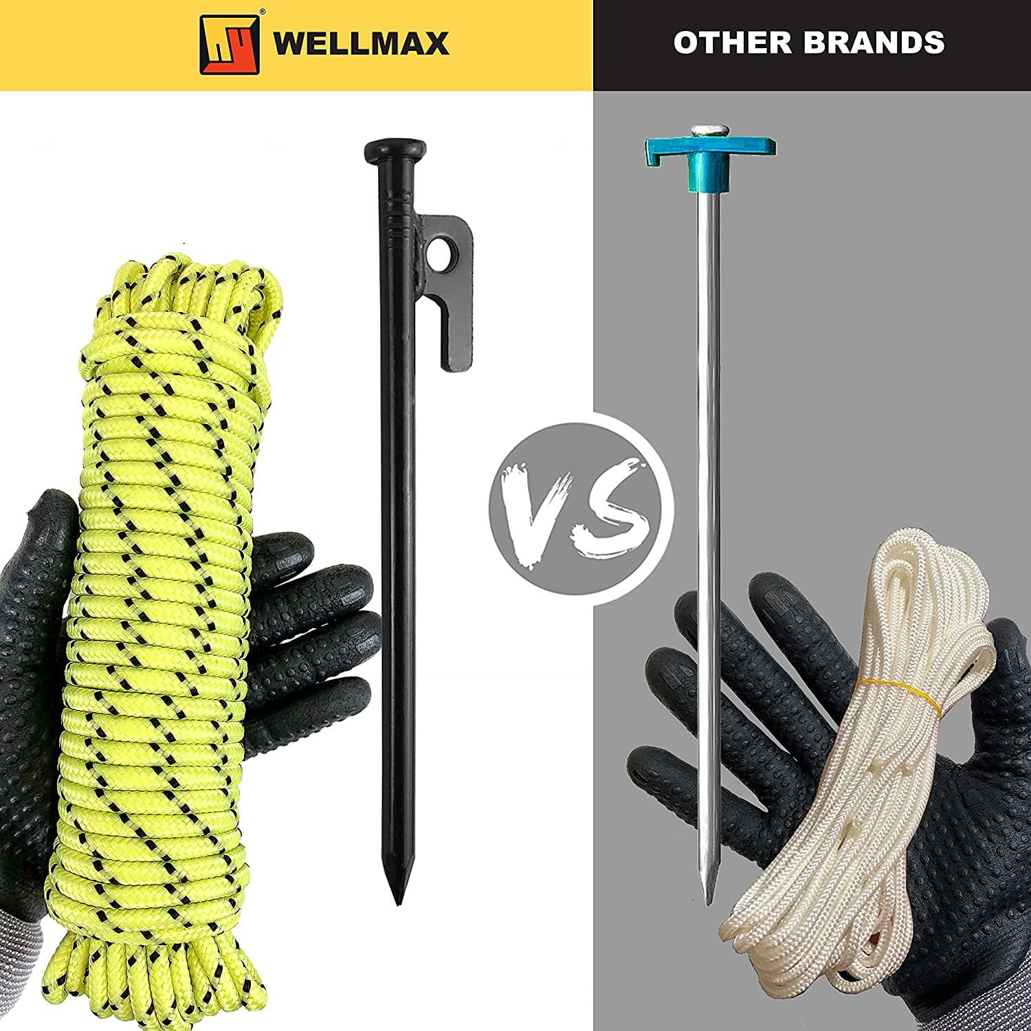 Wellmax 10PC Heavy Duty Tent Stakes with 2PC Glow in Dark Rope 3/16" x50ft and 1/4" x50ft Black