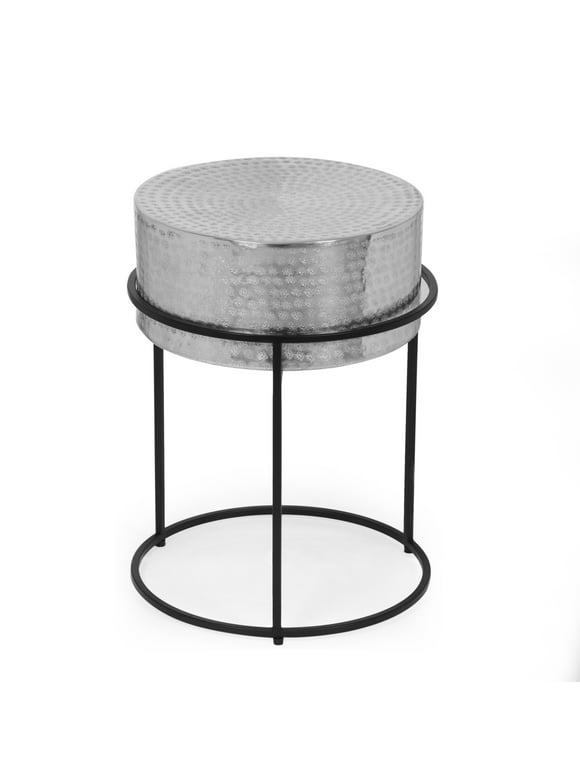 Noble House Mostad Round Aluminum Side Table, Silver/Black
