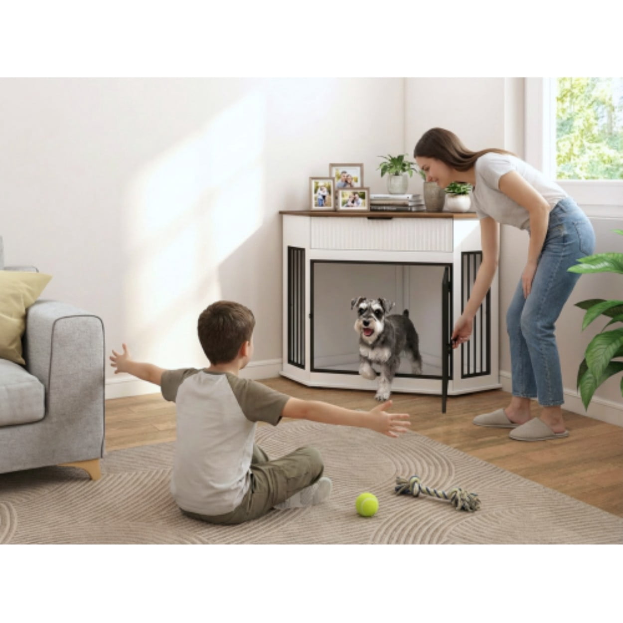 Corner Dog Crate Furniture for Small & Medium Dogs, MDF Kennel End Table with Fluted Drawer Storage, Space-Saving Indoor Dog Cage Cabinet, White
