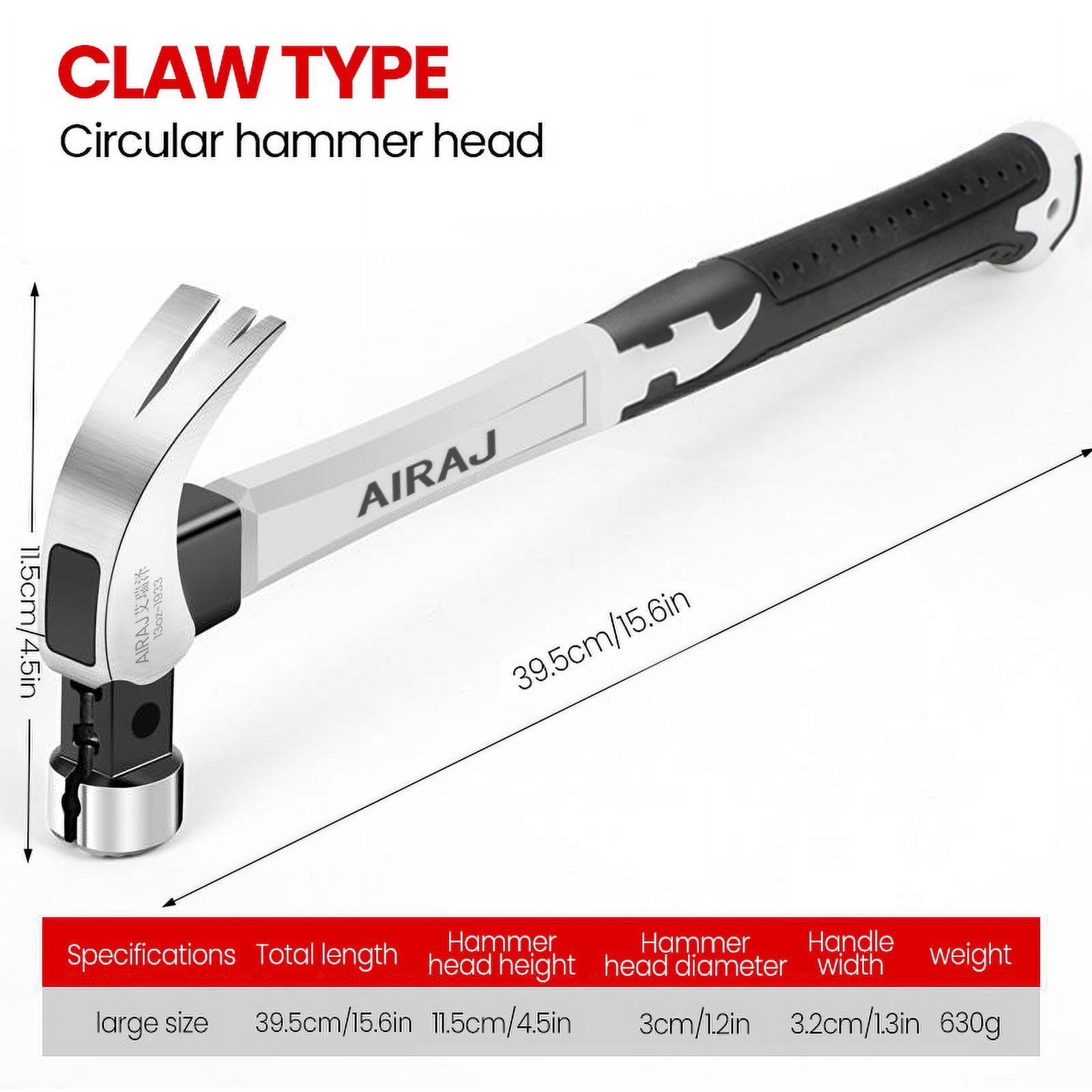 AIRAJ 6-Piece Claw Hammer Set - Forged Carbon Steel Shock-Absorbing & Wear-Resistant with Non-Slip Grip for Professional/Home Use