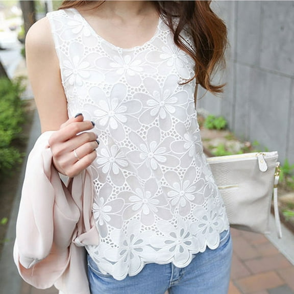 Fashion Women Casual Sleeveless Vest O-Neck Floral Lace Slim Tops Stretch Top Women Camisole Tall Long Camisole Muscle Tee Women Fitted T Shirt Graphic Beach Tops for Women Cute Summer Tops Womens