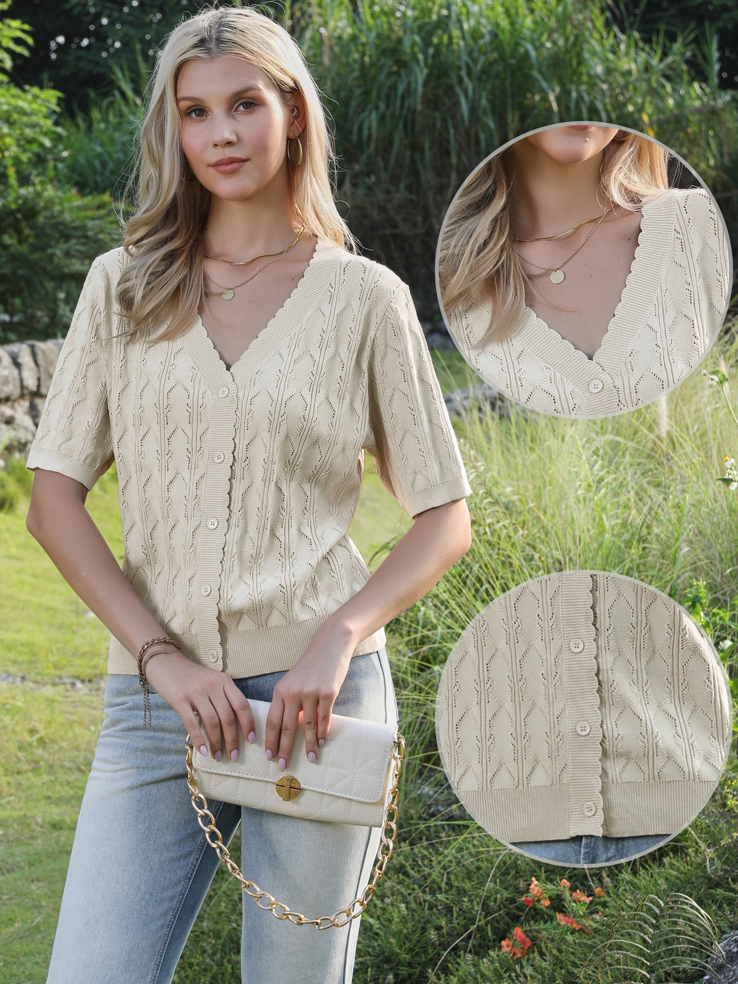DARING DIVA Women's Short Sleeve Casual V Neck Lightweight Cardigan L Beige