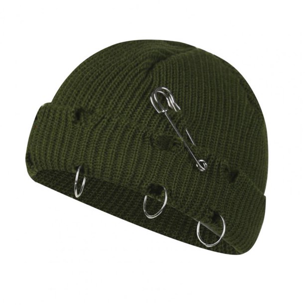 Gorro de punto de hilo de lana para mujer, gorro de lana cálido, gorro de calavera de punto, anillo de Metal con reborde, Hip Hop, Color sólido, Otoño e Invierno