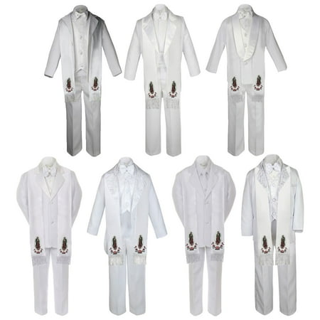 

6pc Baby Toddler Boy Guadalupe Communion Baptism White 7 SUIT TUXEDO Style Stole