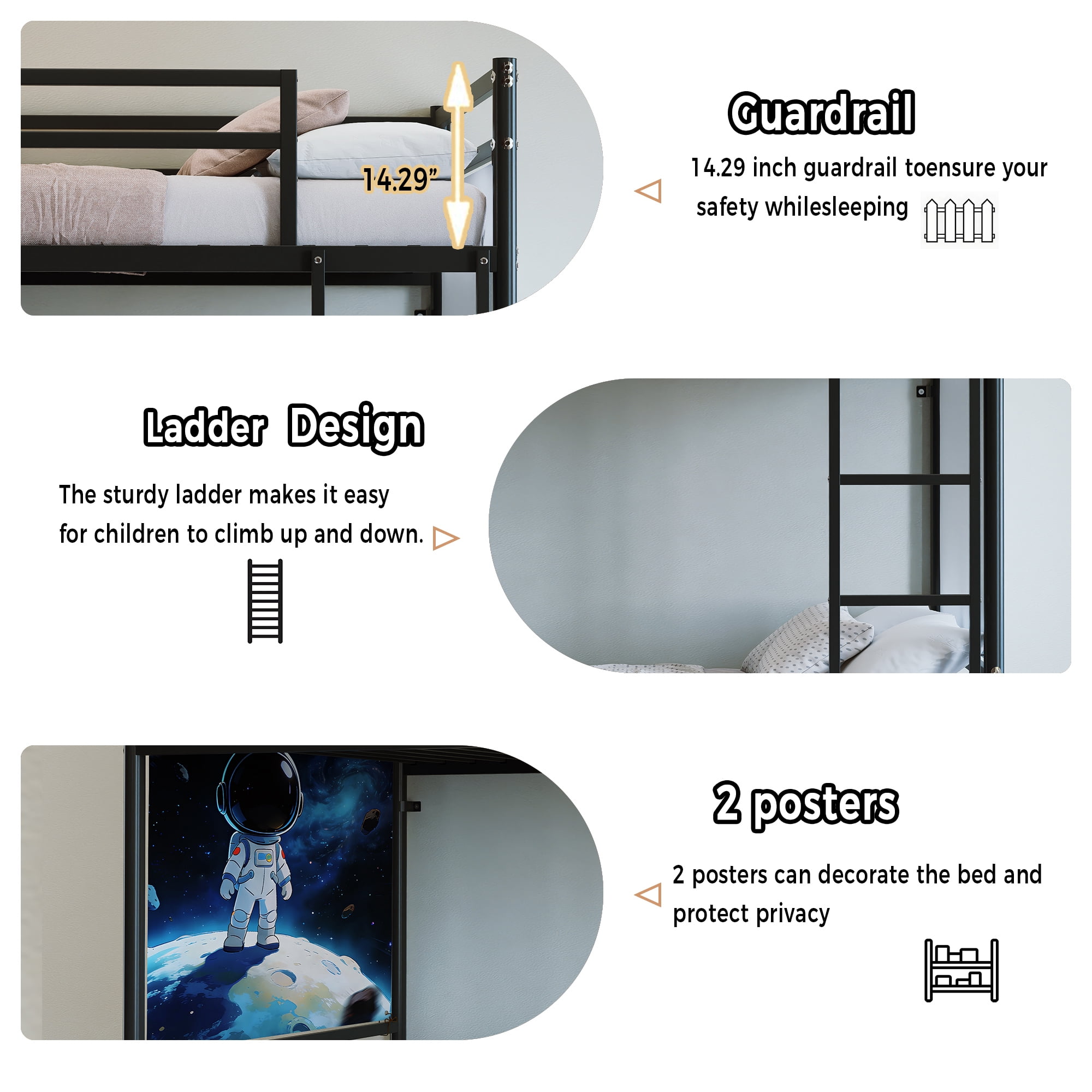 avobird Twin Over Twin Metal Bunk Bed with Ladder High Guardrails, Heavy Duty Iron Frame Noise-Free Design, Under Bed Storage, No Box Spring Needed, Posters Black