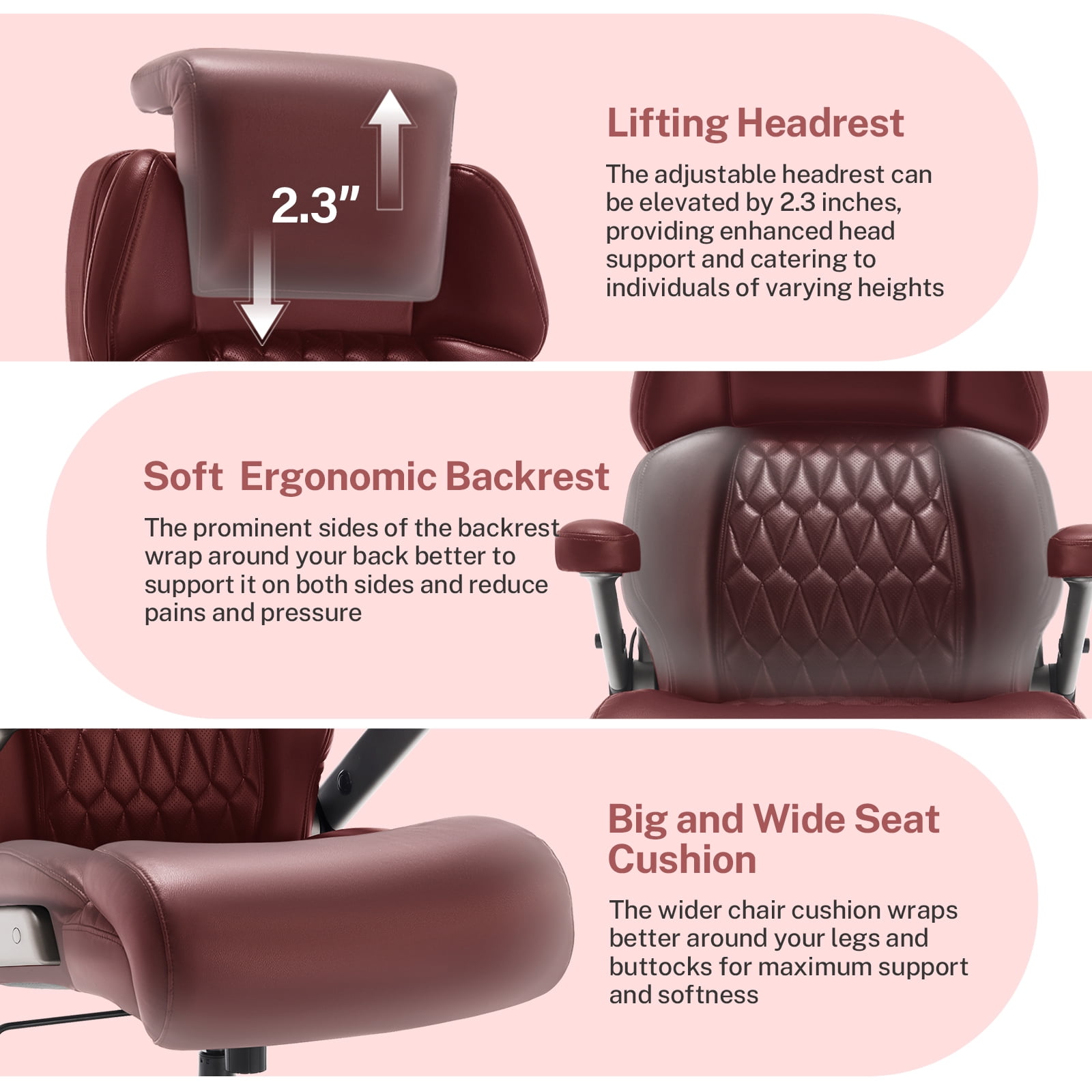 WOSDOM 700lbs Big and Tall Office Chair, Heavy Duty Executive Chair, Extra Wide Seat, Adjustable Headrest and Lumbar Support, 3D Flip up Arms, Burgundy