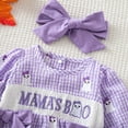thumbnail image 6 of KPOPLK Newborn Baby Girl Fall Outfit Letter Print Long Sleeve Jumpsuit Bubble Romper Infant Clothing Set with Headband(6-9 Months,Purple), 6 of 9