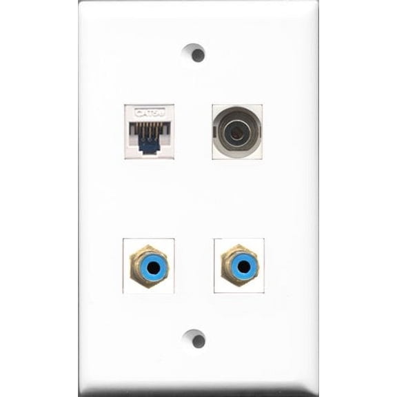 RiteAV - 2 Port RCA Blue and 1 Port 3.5mm and 1 Port Cat5e Ethernet White Wall Plate