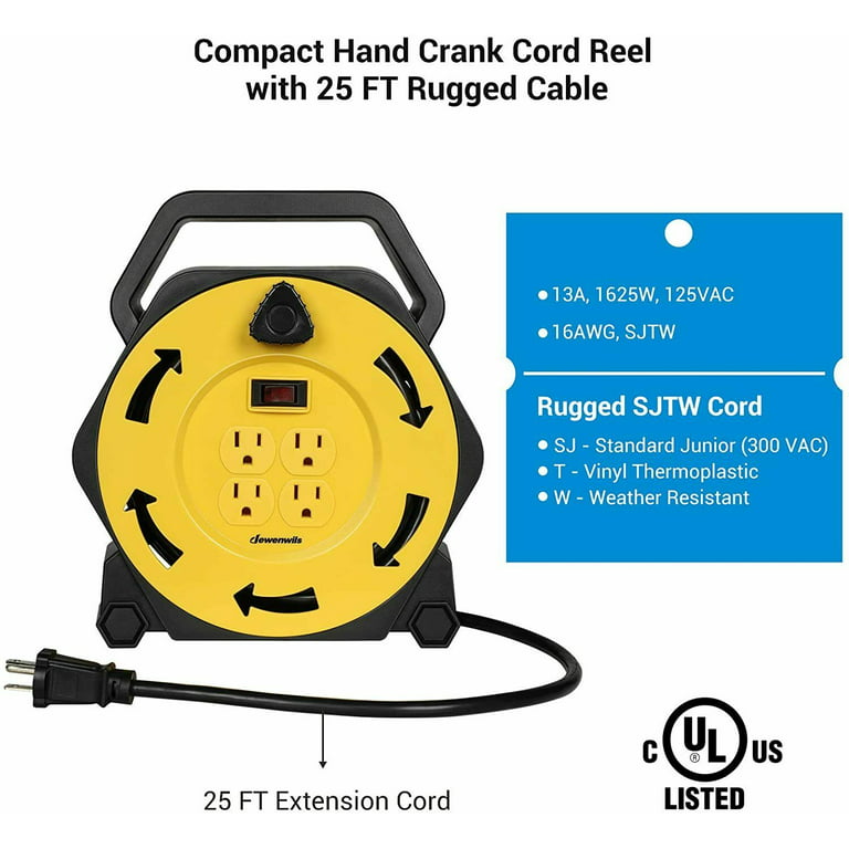 DEWENWILS Cord Reel with 4 Power Outlets, 2-USB Ports(3.4A Fast Charge),  25FT Retractable Extension Cord Reel, Heavy Duty SJTW 16/3 Cable, 13A  Circuit