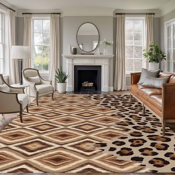 Large Area Rugs for Living Room Bedroom, Brown Leopard Print 6'x9' Rug Washable Carpet Runner Indoor Outdoor, Vintage Geometric Animals Print Non Slip Floor Mats Rug for Kitchen, Playroom