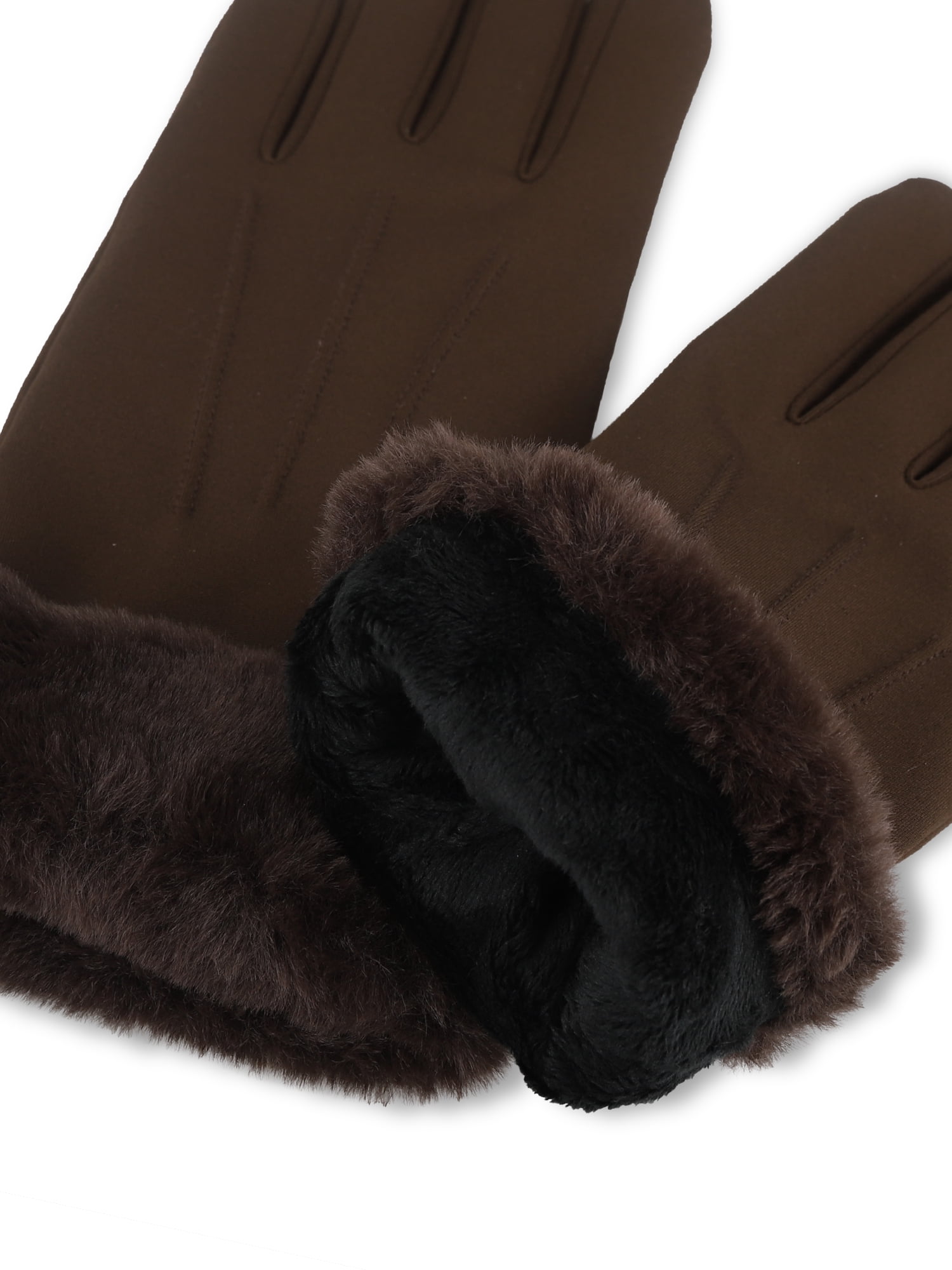 Isotoner Women's Ultraplush Spandex Gloves with Faux Fur Cuff, Brown, L/XL