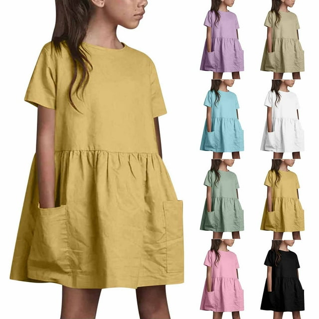 MKOSPLRT Robes en Coton et Lin pour Fille à Manches Courtes Col Ras du Cou Robe T-Shirt Unie Coupe Ample Robe Mini Décontractée d'Été pour la Plage avec Poche