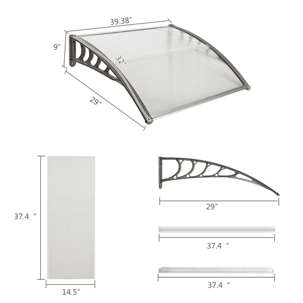 Alvantor Door Awning Polycarbonate Window Canopy with White Panel and Gray Bracket for Rain and Sun Protection 39.37 x 31.5 in