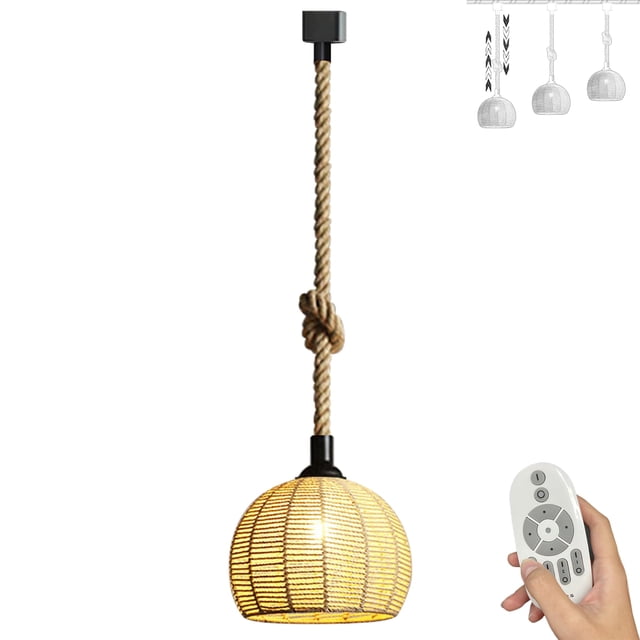 FSLiving Dimmable J Type Track Light Pendants Retro Lighting Restaurant Chandelier Remote Control Hemp Rope Twine Natural Rattan 3.2 Ft, Track Mount for Barn Kitchen Island Customizable