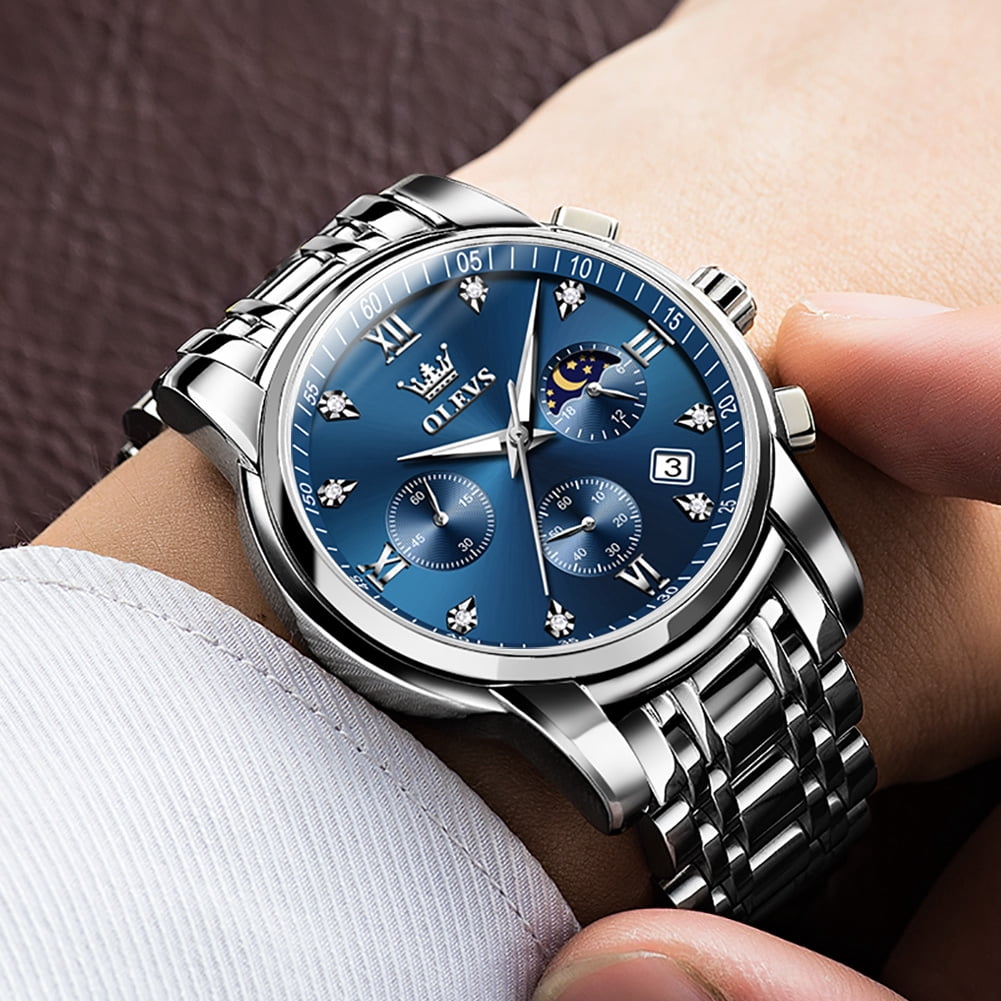 OLEVS Watches for Men Luxury Dress Casual Analog Quartz Gold Plated Stainless Steel Chronograph Moon Phase Waterproof Luminous Date Business Mens Wrist Watches Reloj Para Hombre