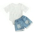 thumbnail image 1 of EYIIYE Bébé Fille Été Manches Courtes Dentelle Romper + Déchiré Denim Short, 1 of 7