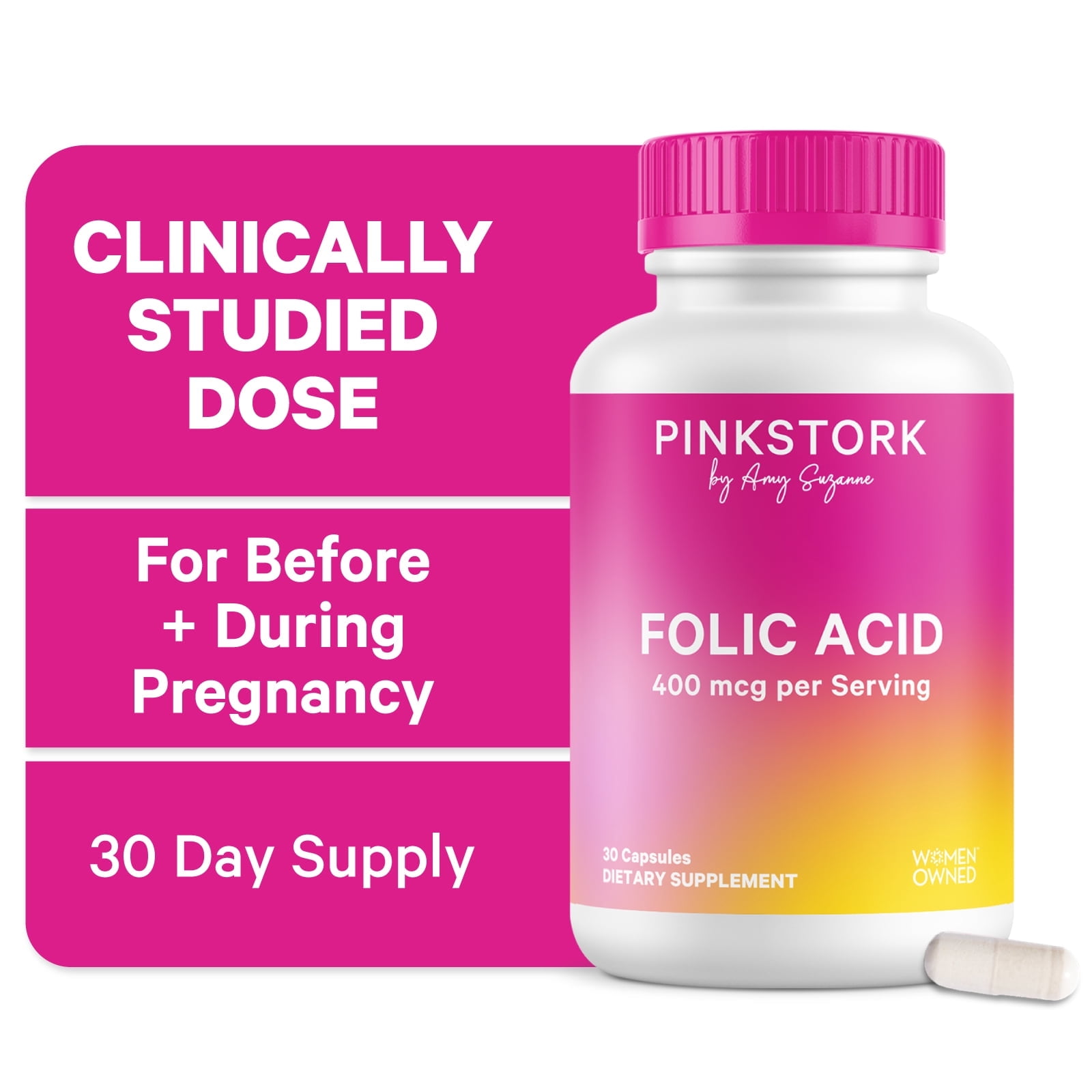 Pink Stork Folic Acid for Women - Formulated for Mom + Baby, 400mcg, 30 Capsules