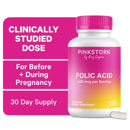 Pink Stork Folic Acid for Women - Formulated for Mom + Baby, 400mcg, 30 Capsules