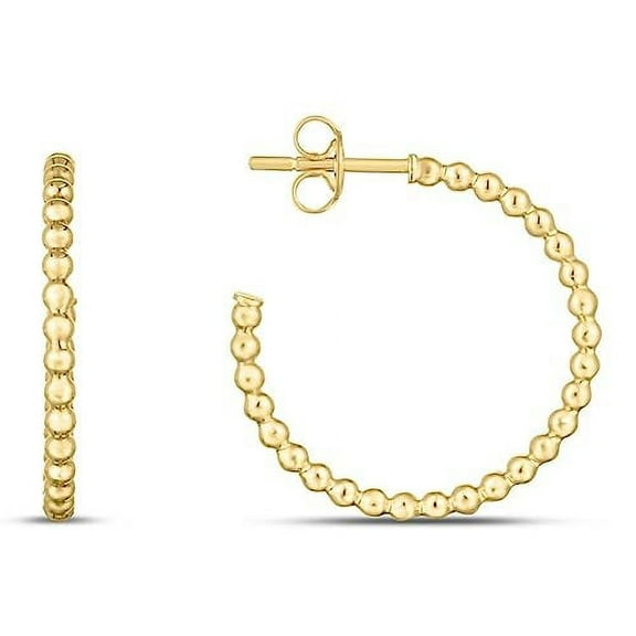 JewelStop 14K Yellow Gold Bead Round C-Hoop Earrings with Polished Finish and Push Back Clasp for Women - 2.3gr