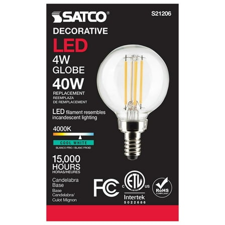 Satco S21206 G16.5 Globe LED Light Bulbs 4W 120V 4000K 90CRI E12 Candelabra Base Dimmable (6 Pack)
